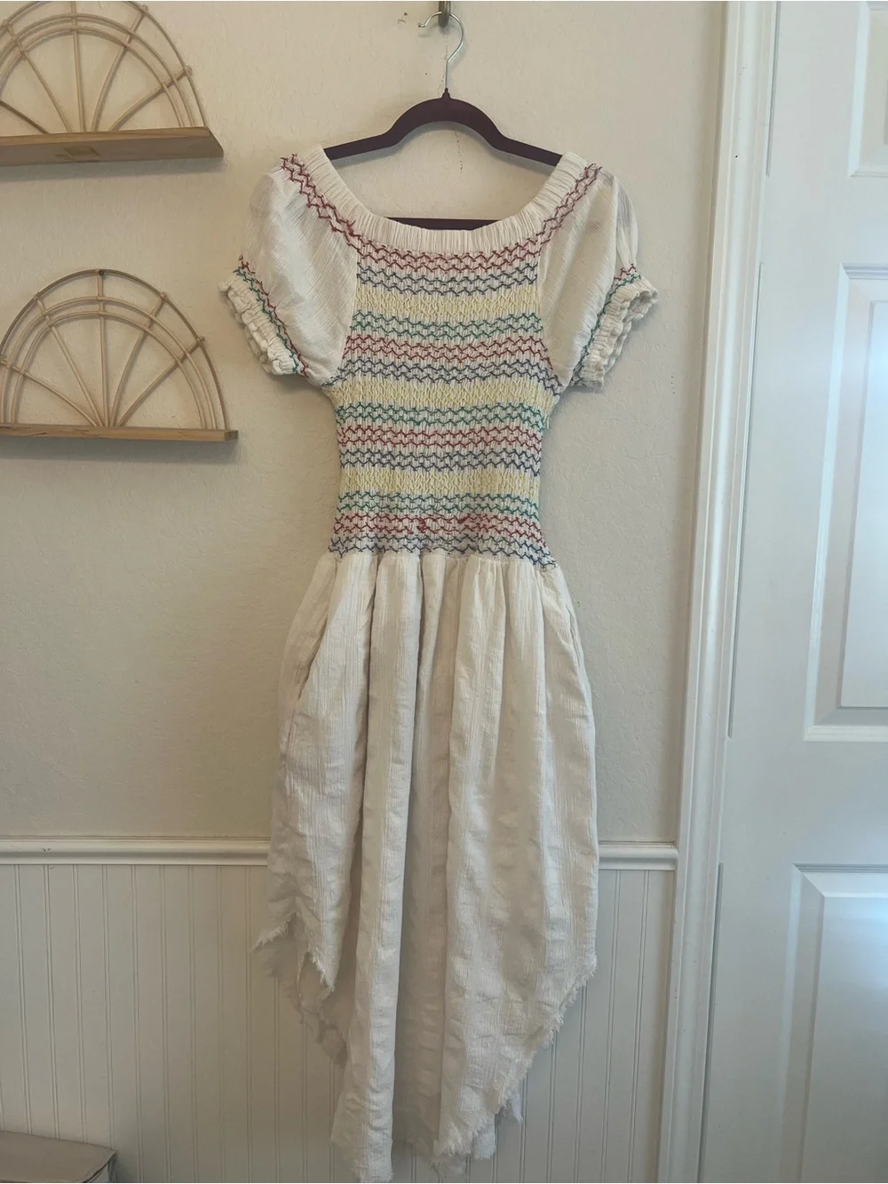 Free People Embroidered Smocked Handkerchief Midi Dress Ivory L